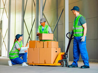 Three people in safety vests in a warehouse, looking a pallet jack with boxes
